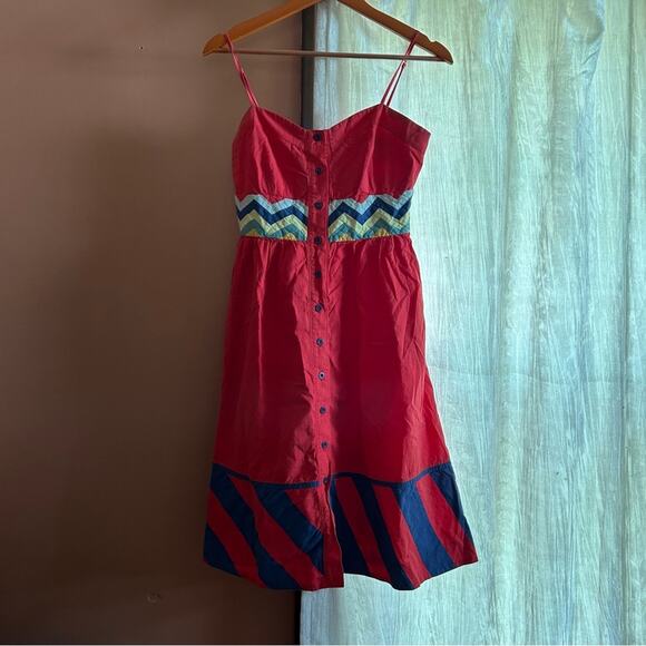 Anthropologie Lithe Carnival French Girl Chevron Red Button Front Dress Size XS - Picture 2 of 6